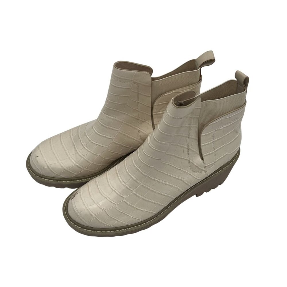 Womens Size 10 Cream Croc-Embossed Pull-On Ankle Boots With Wedge Sole